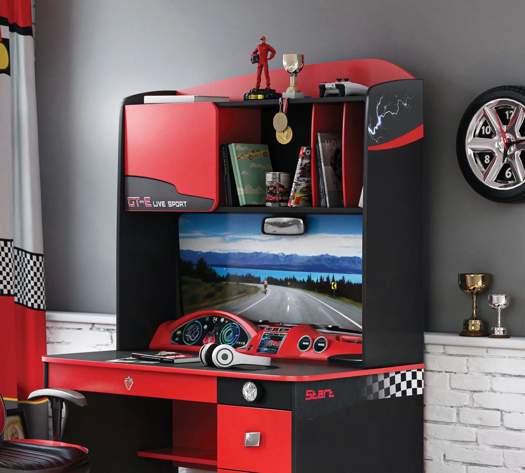 Бюро с надстройка «Champion Racer» + чекмеджета с органайзери, 3Д детайли, размери 115х174х68