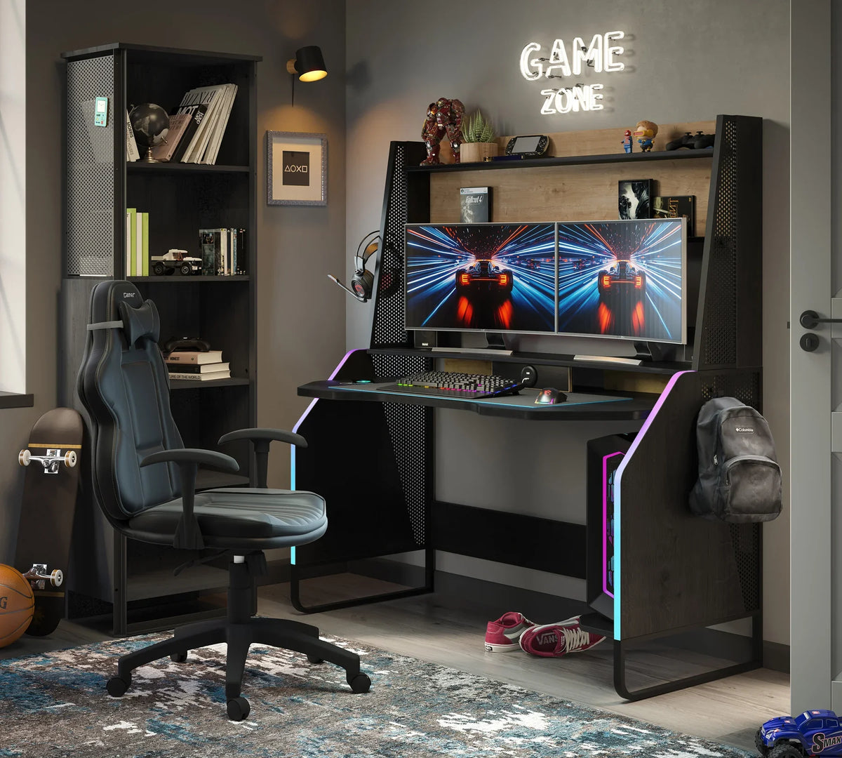 Геймърско бюро «Black 2» с USB зарядна станция, размер 142x154x72