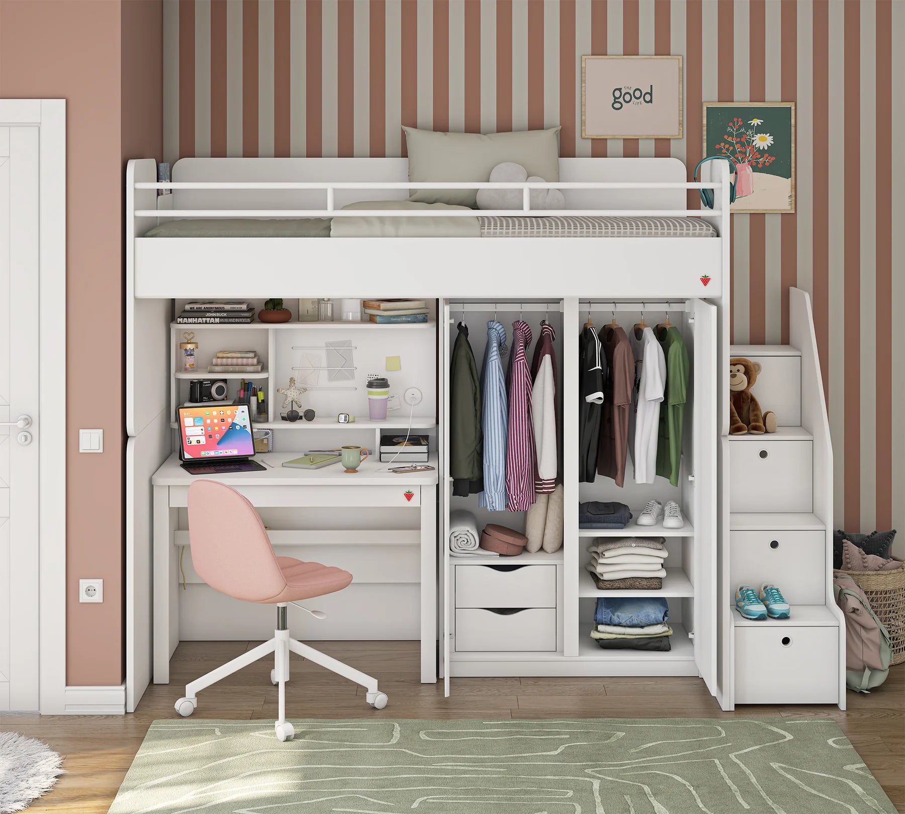 Модулно двуетажно легло «Studio White» - Сет 2, с легло, бюро, гардероб и стълби с чекмеджета
