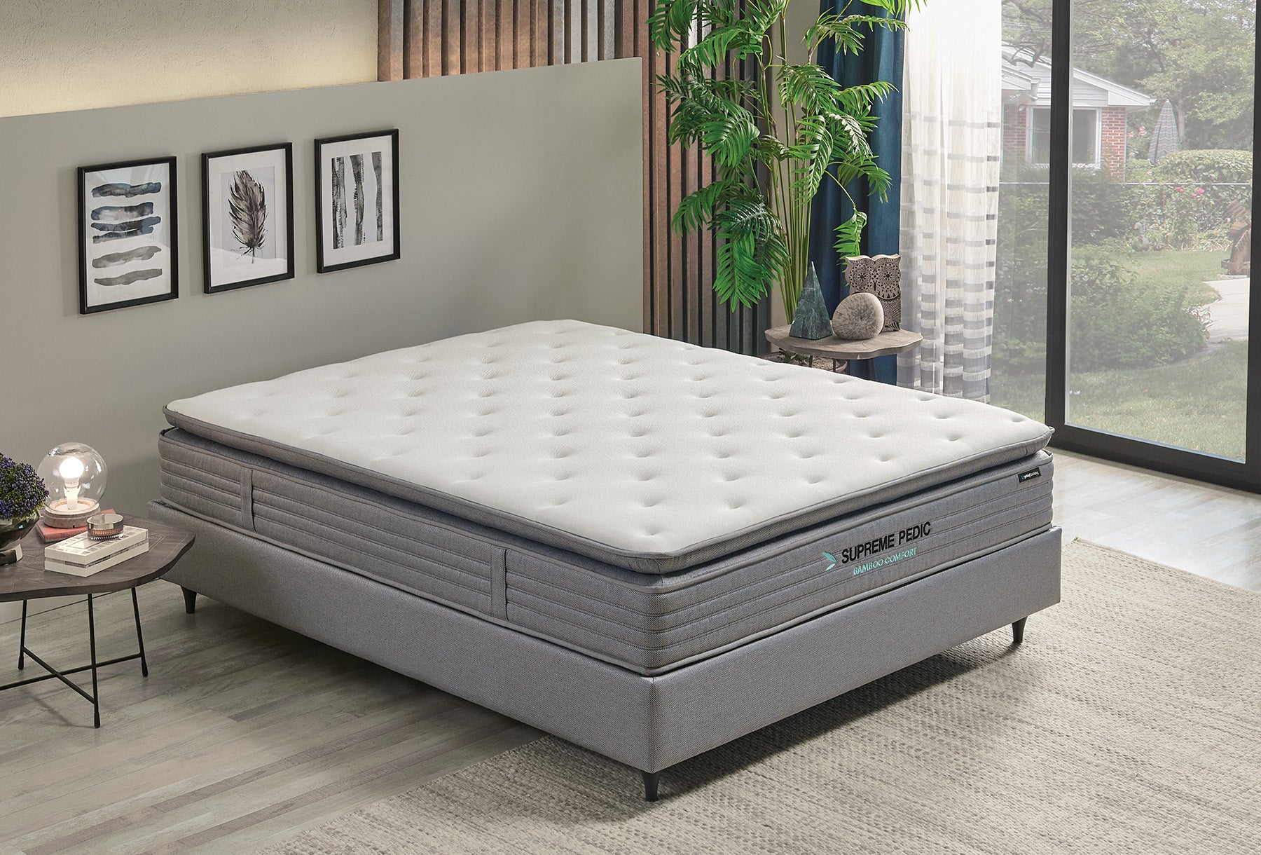 Тапицирано легло «Supreme Pedic» + Матрак и табла - с място за съхранение, матрак с бамбукови влакна