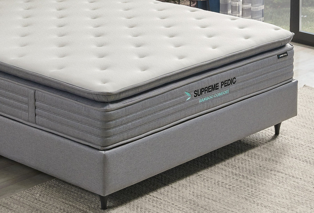 Тапицирано легло «Supreme Pedic» + Матрак и табла - с място за съхранение, матрак с бамбукови влакна