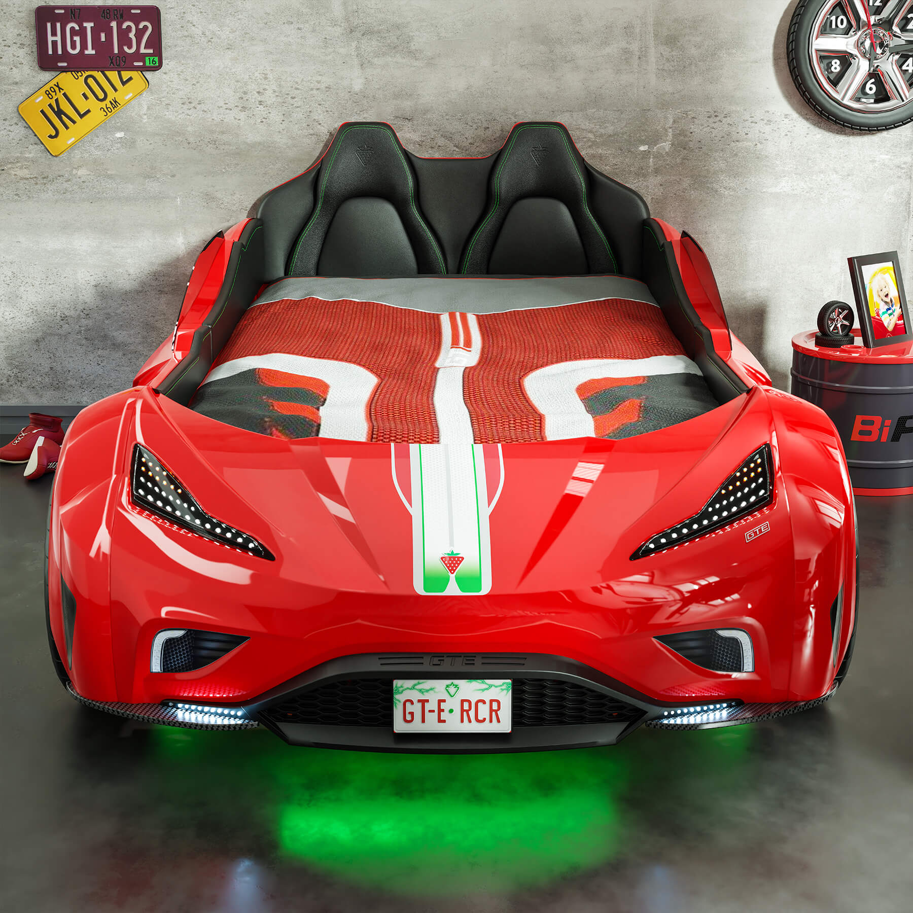 Легло-кола «GTE» + звук и LED осветление, с кожена тапицерия, цвят червен, за матрак 100х190см