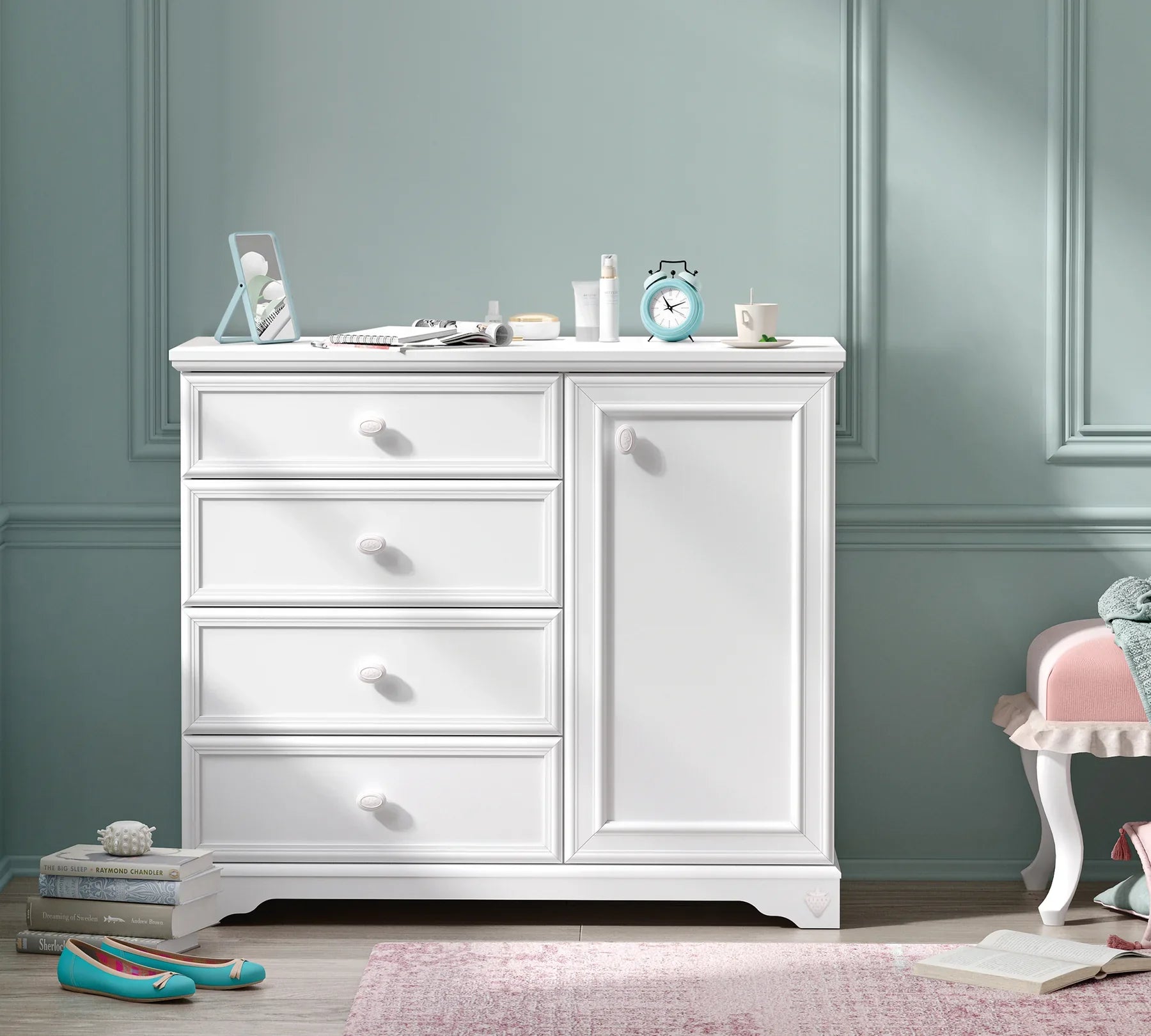 Скрин «Rustic White» с четири чекмеджета и шкаф, размер 101х86х48см