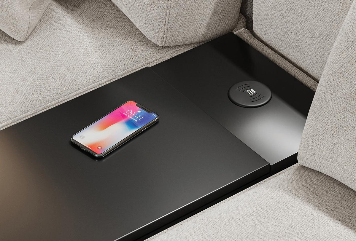 4 готови конфигурации на модулен диван «Parma» + конзола с масичка и USB зарядна станция